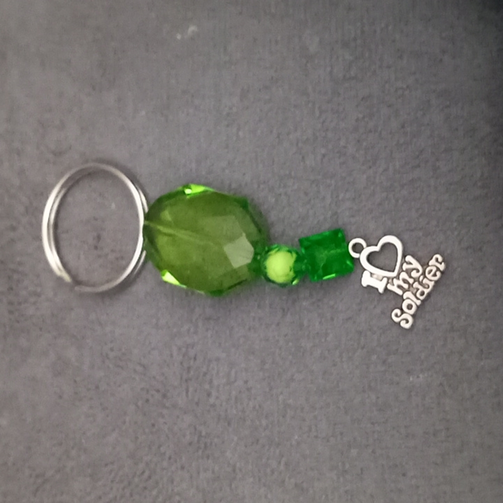 HAND CRAFTED i love my soldier silver plated and green crystal Keychain
